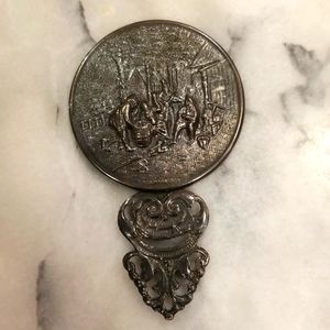 Vintage Hans Jensen silver repousse purse/hand mirror with filigree handle